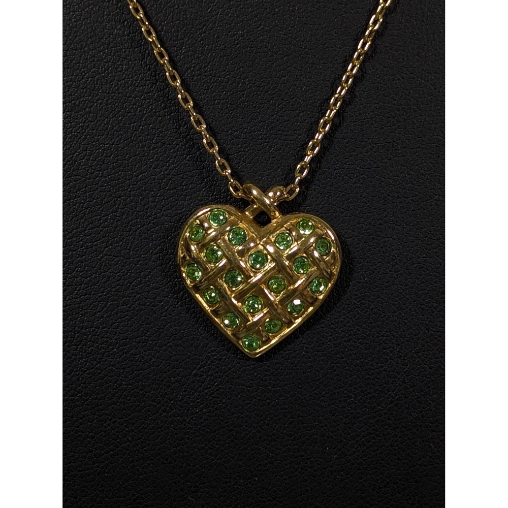 Vintage Avon Green Rhinestone Heart Necklace Gold Tone Pave 20" 1990s